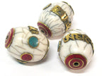 1 Bead- Large thick Tibetan white crackle resin Om mantra bead with brass turquoise and inlay - mala making focal bead - BD954
