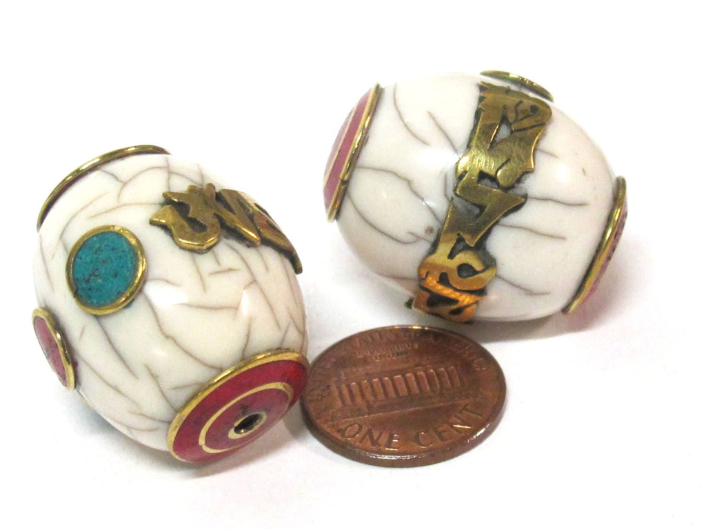 1 Bead- Large thick Tibetan white crackle resin Om mantra bead with brass turquoise and inlay - mala making focal bead - BD954