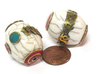 1 Bead- Large thick Tibetan white crackle resin Om mantra bead with brass turquoise and inlay - mala making focal bead - BD954
