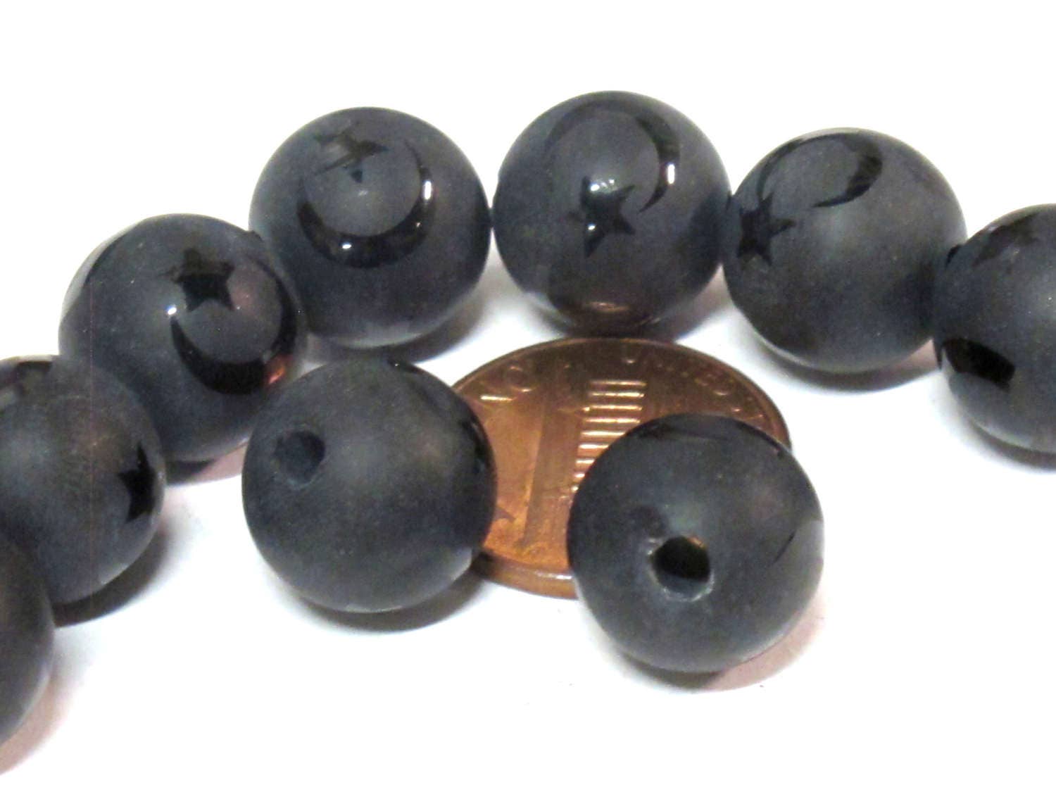 2 Beads - 12 mm Black onyx etched Tibetan star moon design bead - GM429