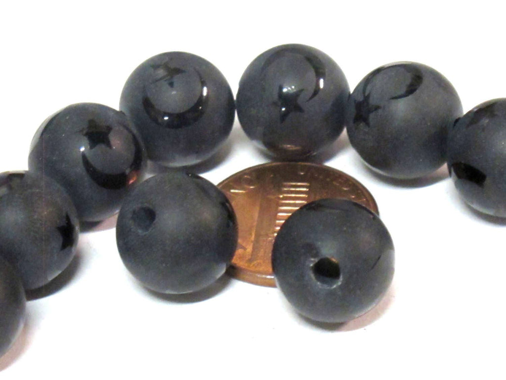 2 Beads - 12 mm Black onyx etched Tibetan star moon design bead - GM429
