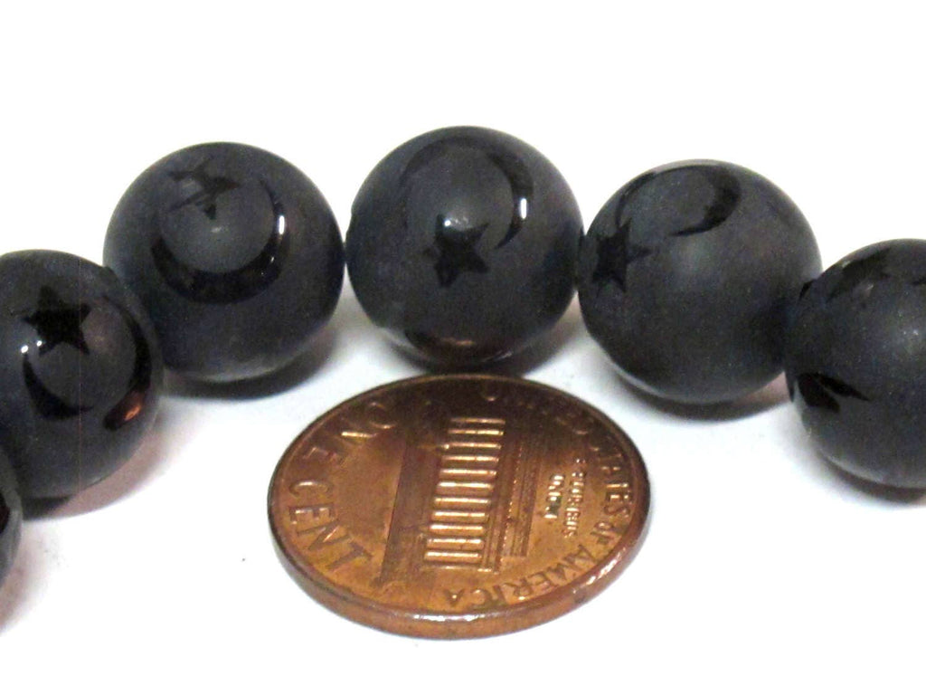 2 Beads - 12 mm Black onyx etched Tibetan star moon design bead - GM429