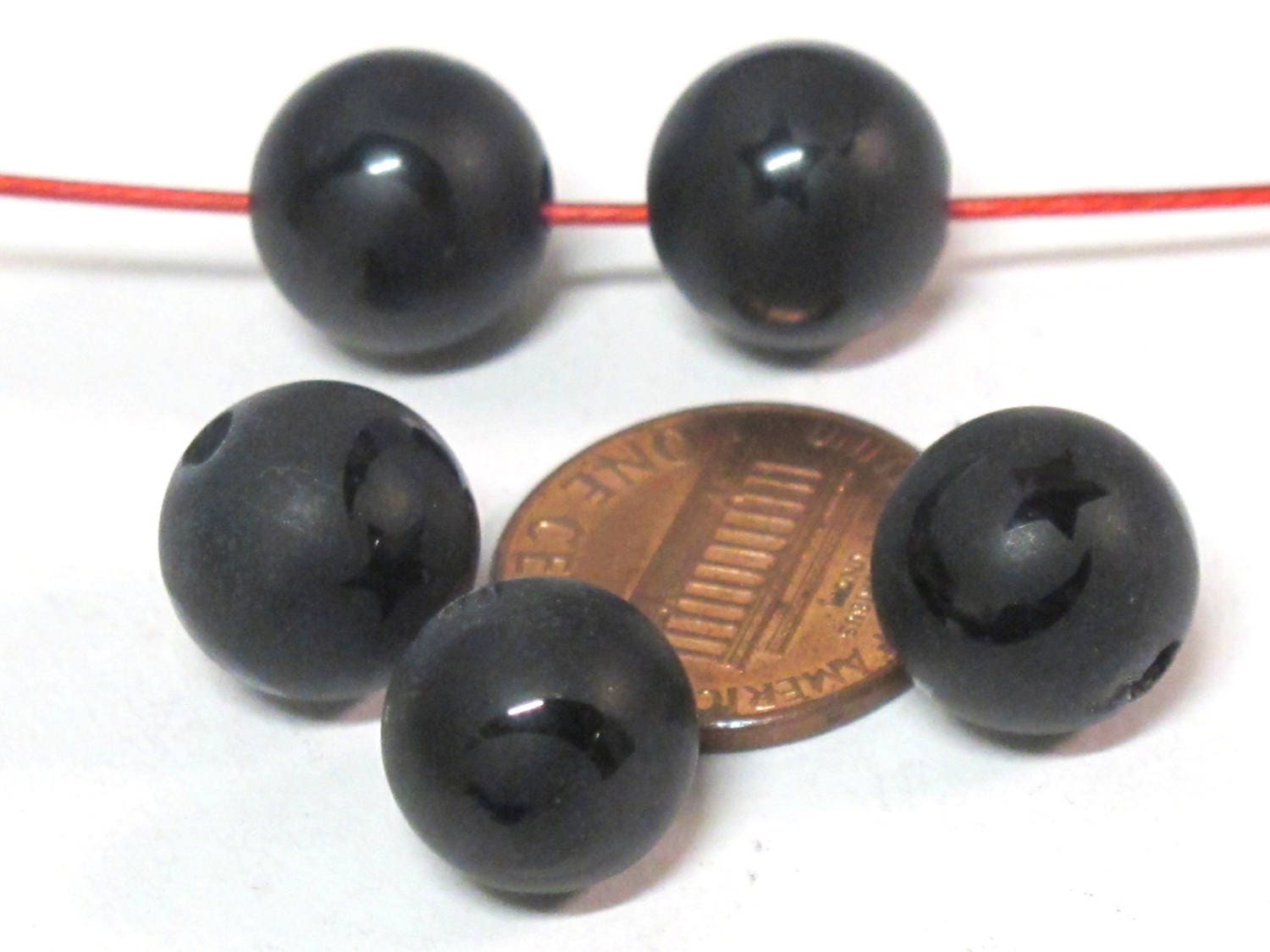 2 Beads - 12 mm Black onyx etched Tibetan star moon design bead - GM429