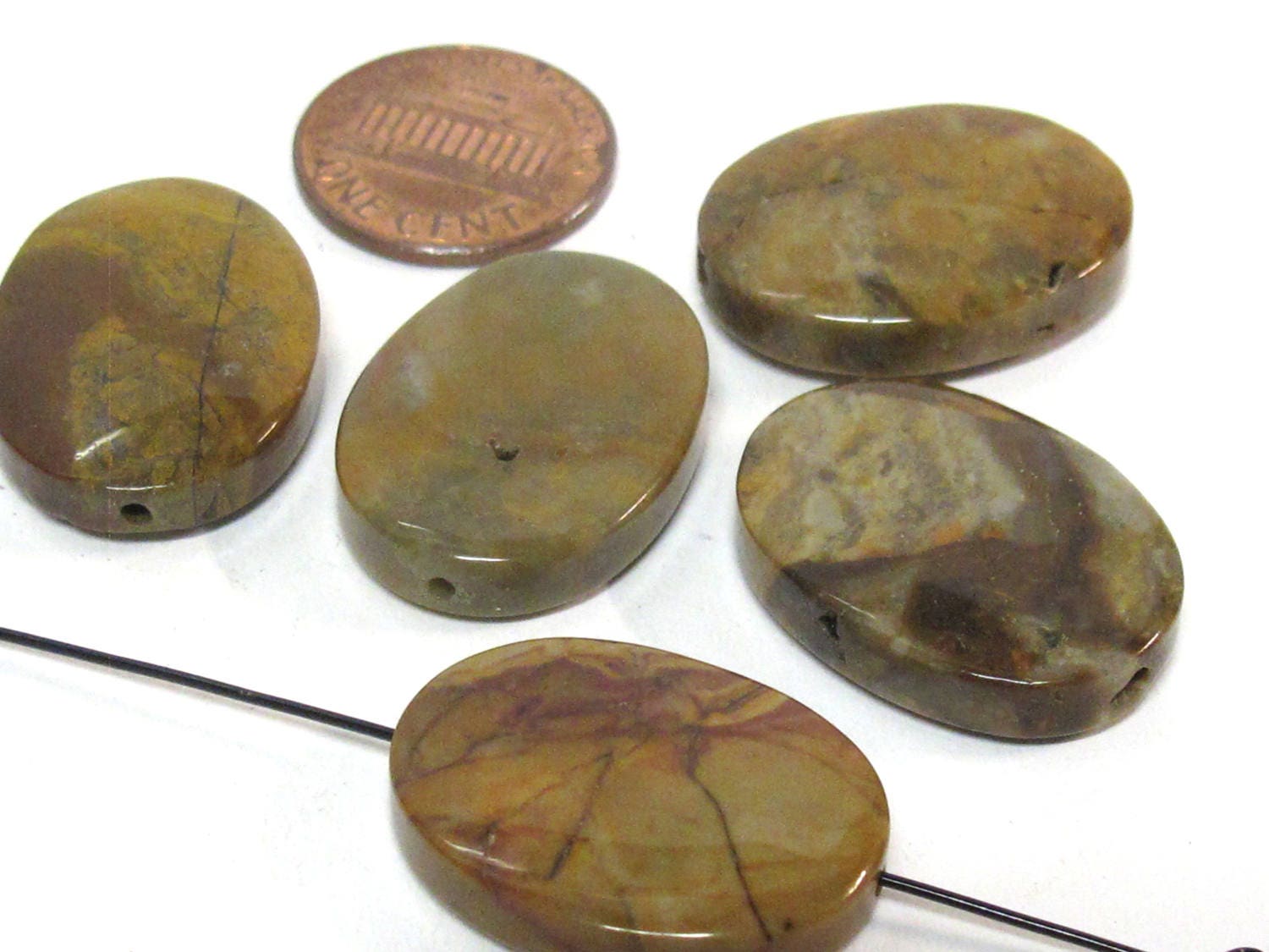 4 beads - Petrified woodstone jasper flat large oval flat disc shape gemstone beads - GM431
