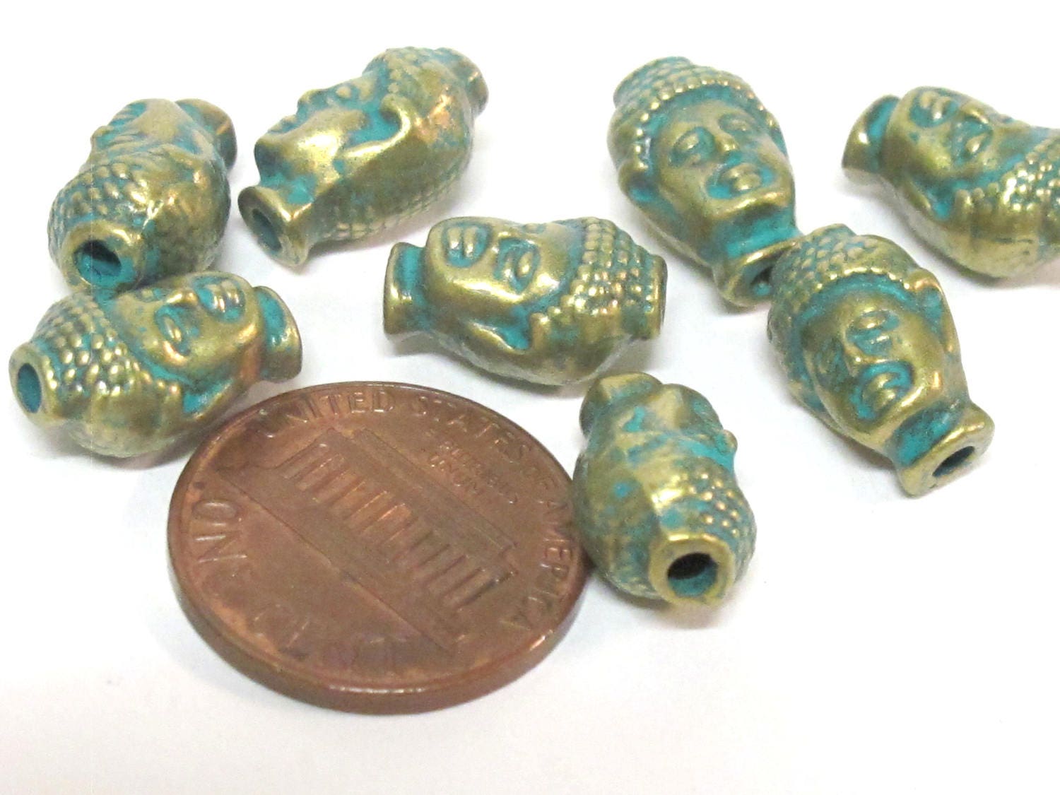 4 Beads- Antiqued green brass color plated Tibetan Buddha bead - BD844B