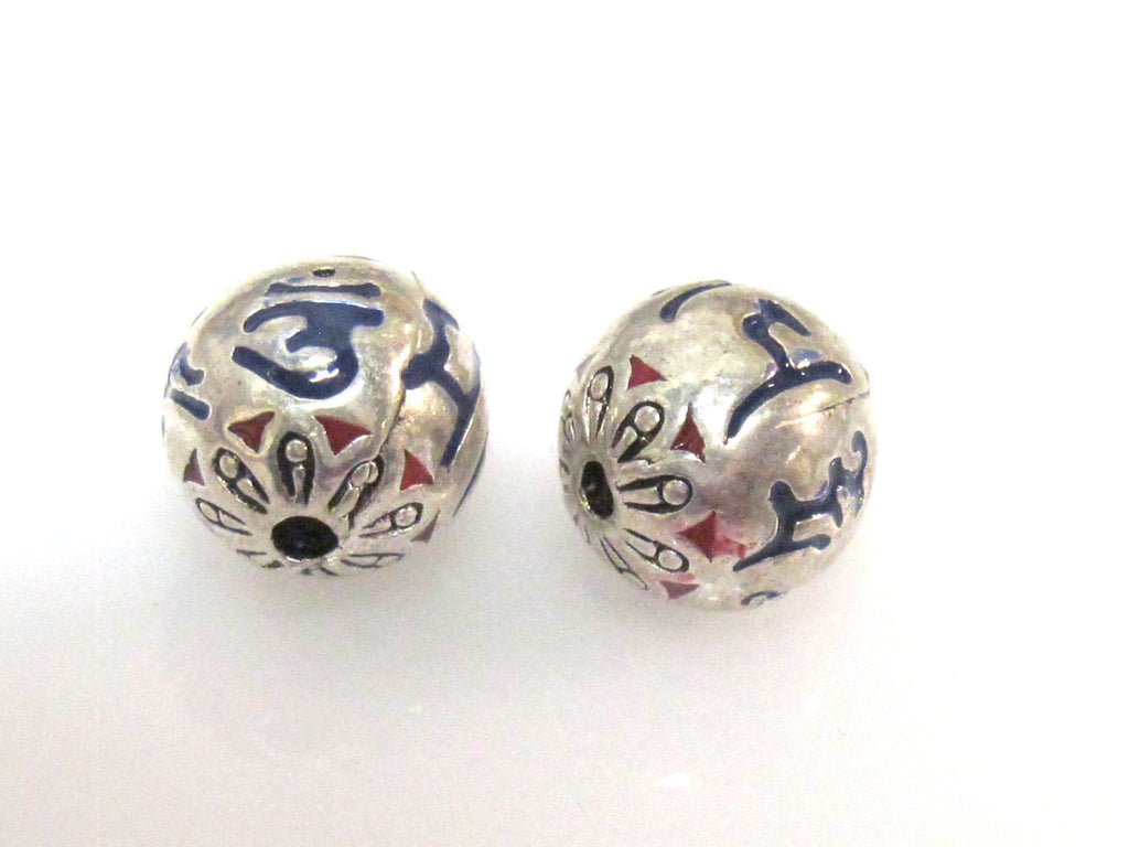 2 beads - Tibetan Om mantra 10 mm Om mantra etched bead with lotus floral design - BD944