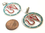 1 pendant - Tibetan Om Round shape with turquoise coral inlay - PM540C