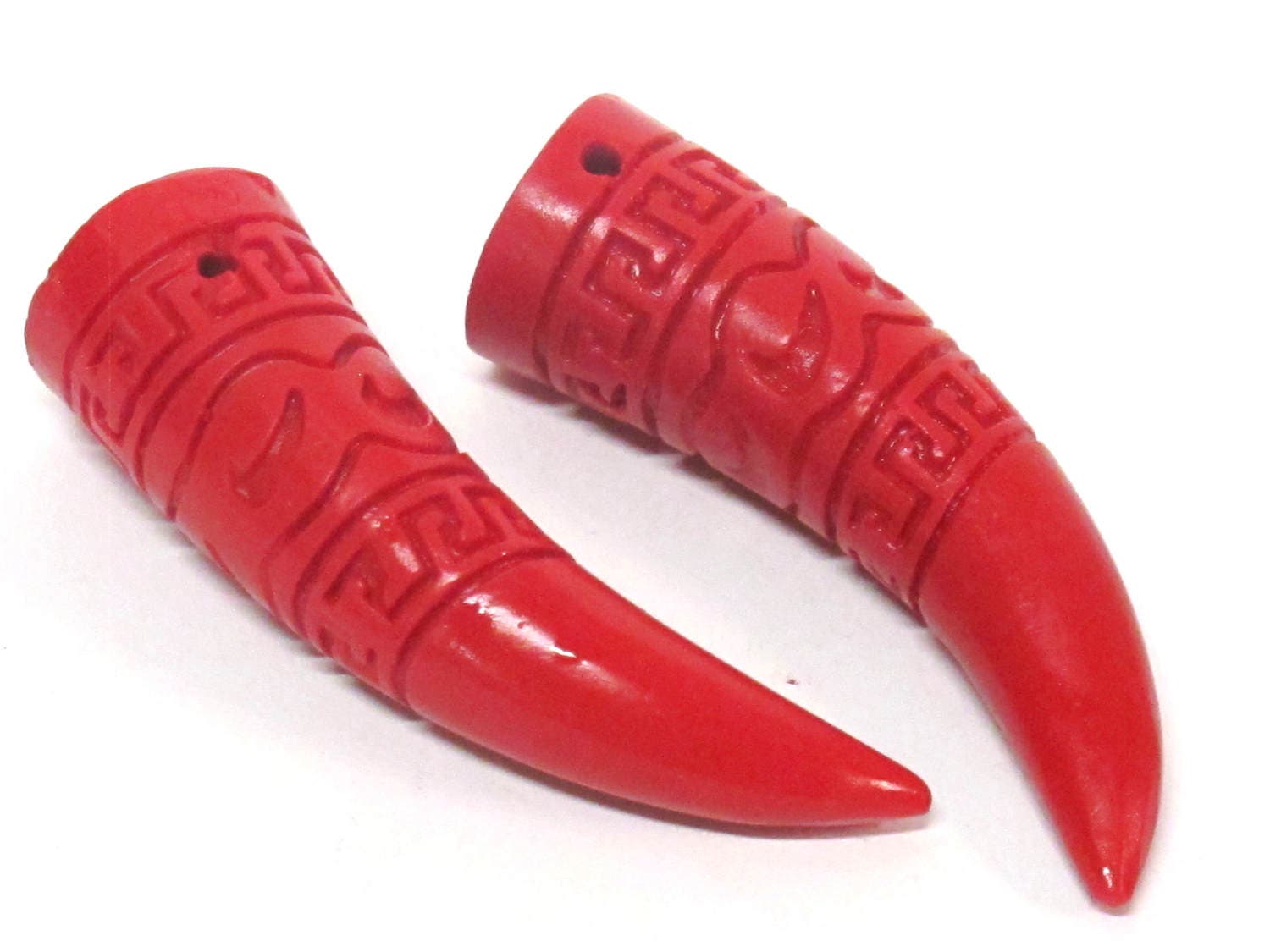 1 bead - Large size Tribal tooth design shape Tibetan carved lacquerware synthetic cinnabar beads - BD957A
