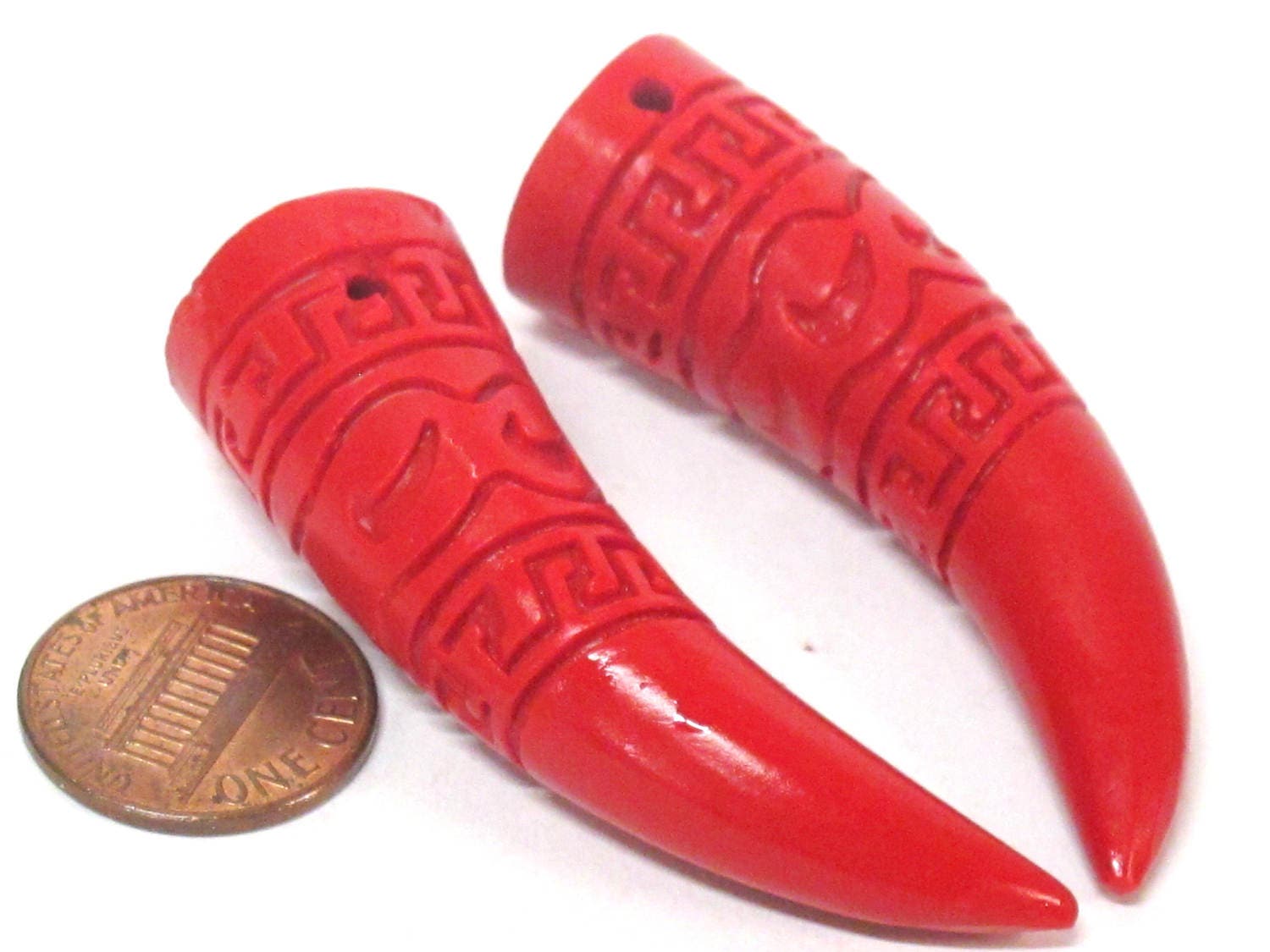 1 bead - Large size Tribal tooth design shape Tibetan carved lacquerware synthetic cinnabar beads - BD957A