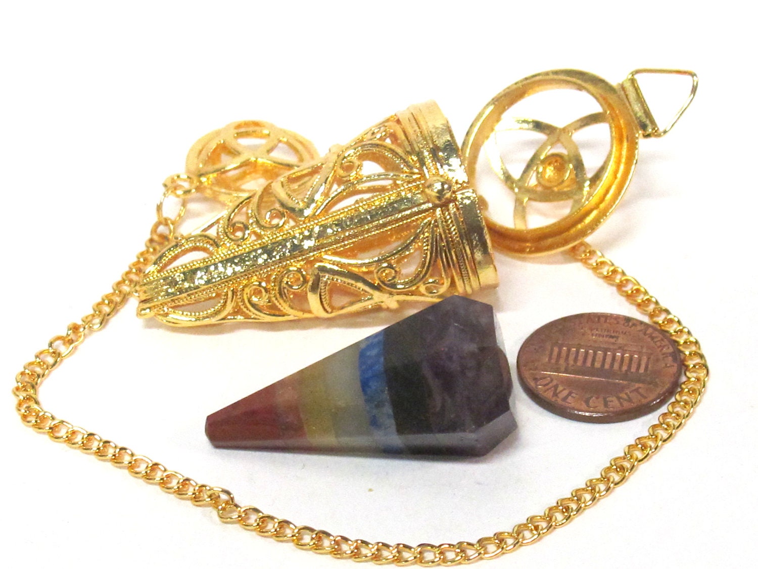 1 pendant - Tibetan gold color plated cage pendulum pendant with pyramid cone shape hex cut chakra stone- PM556