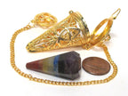 1 pendant - Tibetan gold color plated cage pendulum pendant with pyramid cone shape hex cut chakra stone- PM556