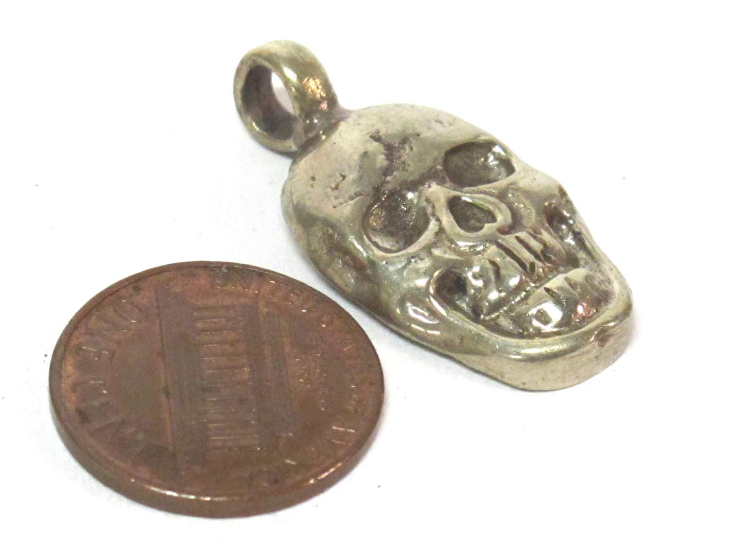 1 Pendant - Tibetan silver Small size skull face charm pendant with floral carving on reverse side l - CP105B