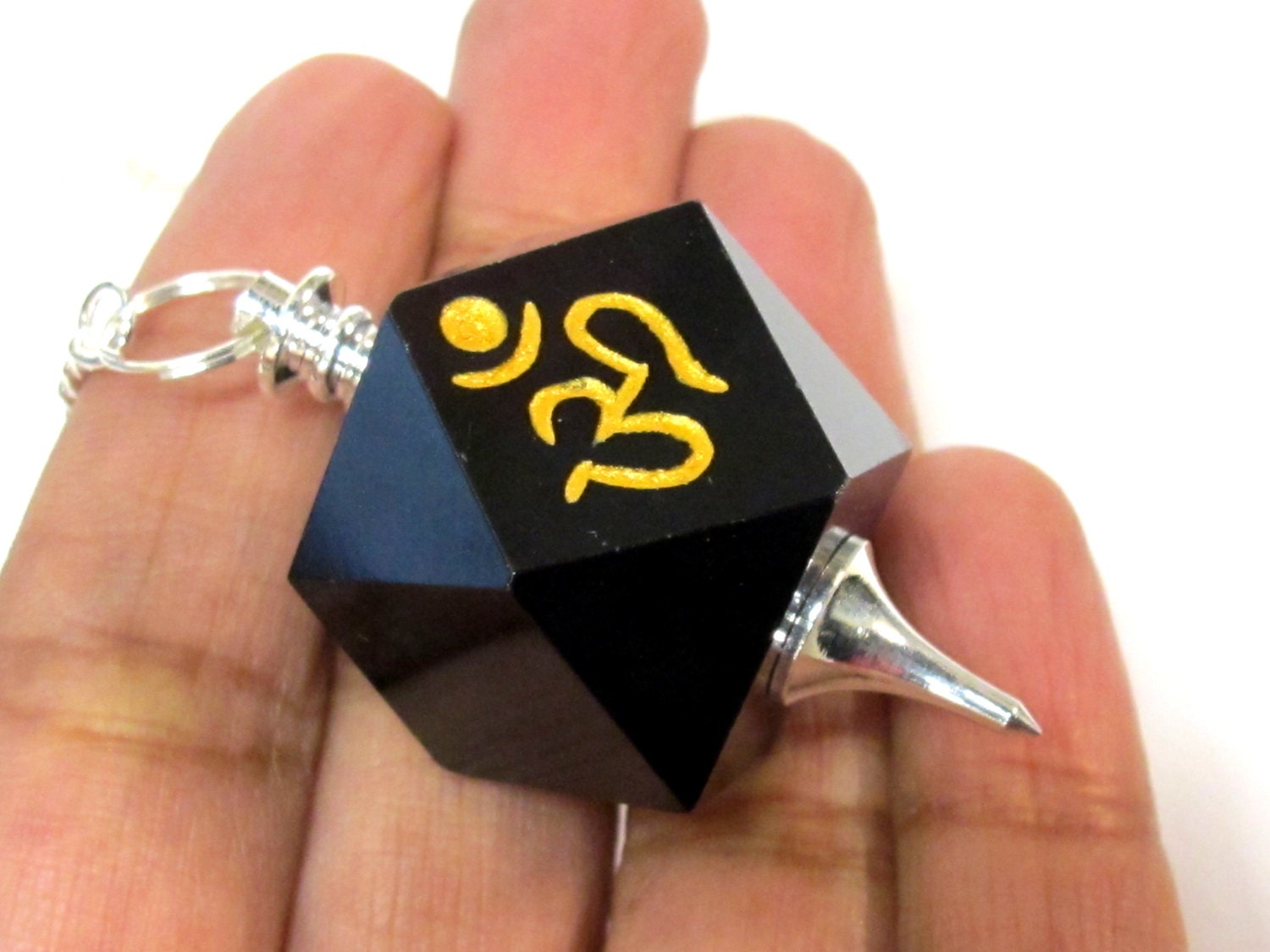 1 pendant - Black agate multi faceted healing gemstone crystal Om pendulum pendant - PM542