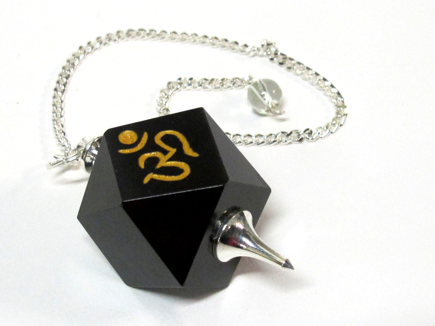 1 pendant - Black agate multi faceted healing gemstone crystal Om pendulum pendant - PM542