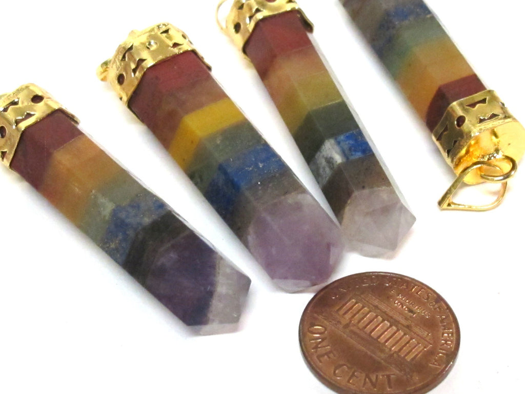 1 pendant - Chakra gemstones hexagon point pendant with gold plated bail - PM544