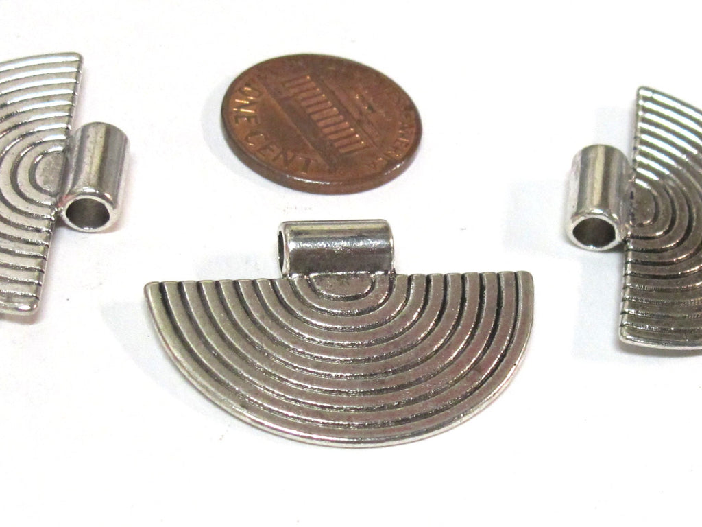 6 Pieces - Medium size half moon fan shape tribal charms concentric lines antiqued silver finish charm pendants 23 mm x 34 mm - CM199