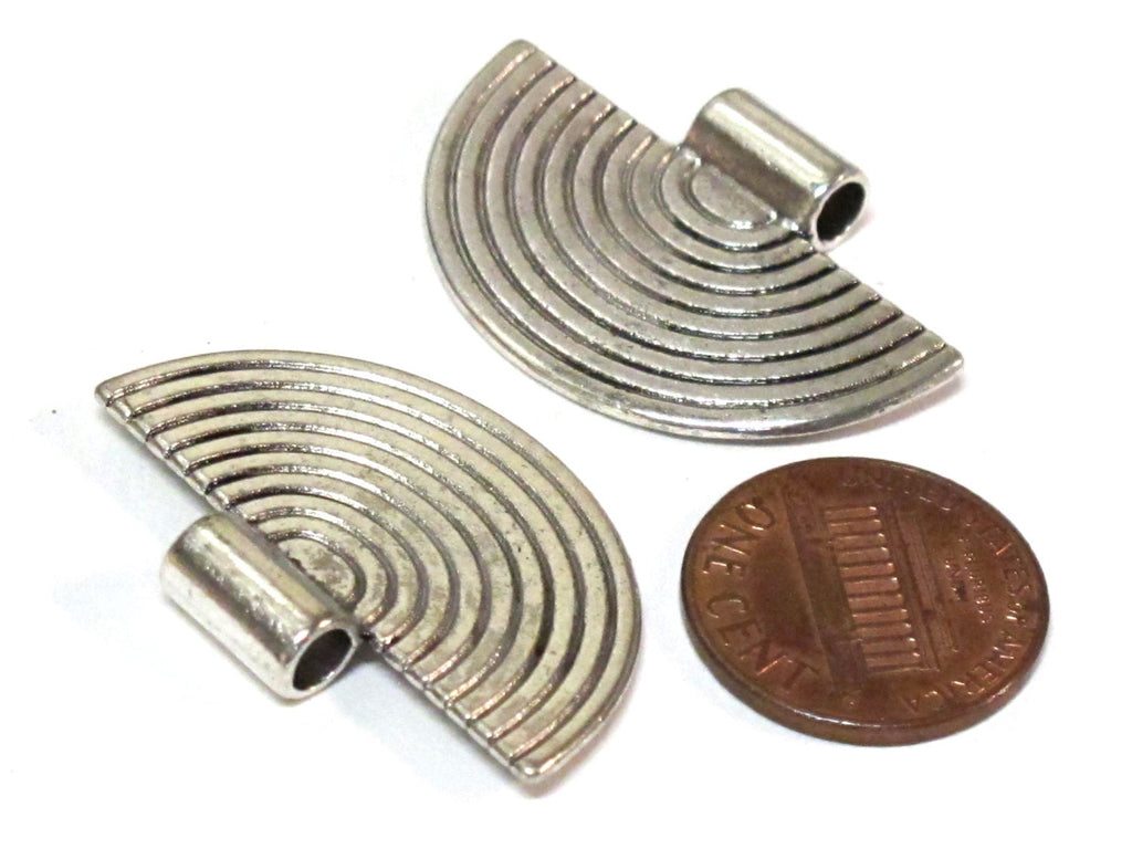 6 Pieces - Medium size half moon fan shape tribal charms concentric lines antiqued silver finish charm pendants 23 mm x 34 mm - CM199