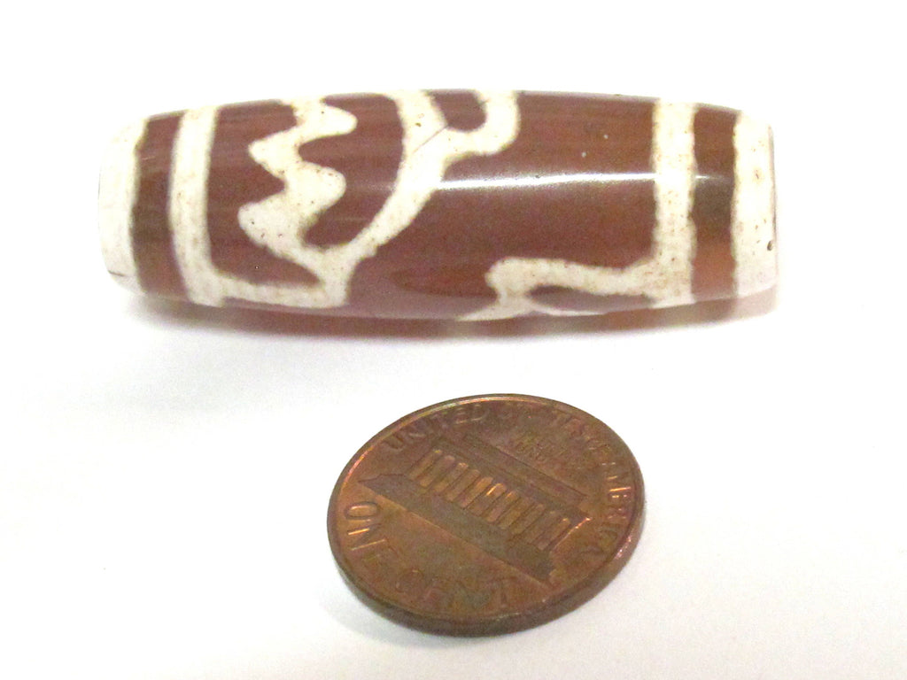 1 Bead - Large Long Tibetan Lotus flower etched agate dzi bead - GM432B