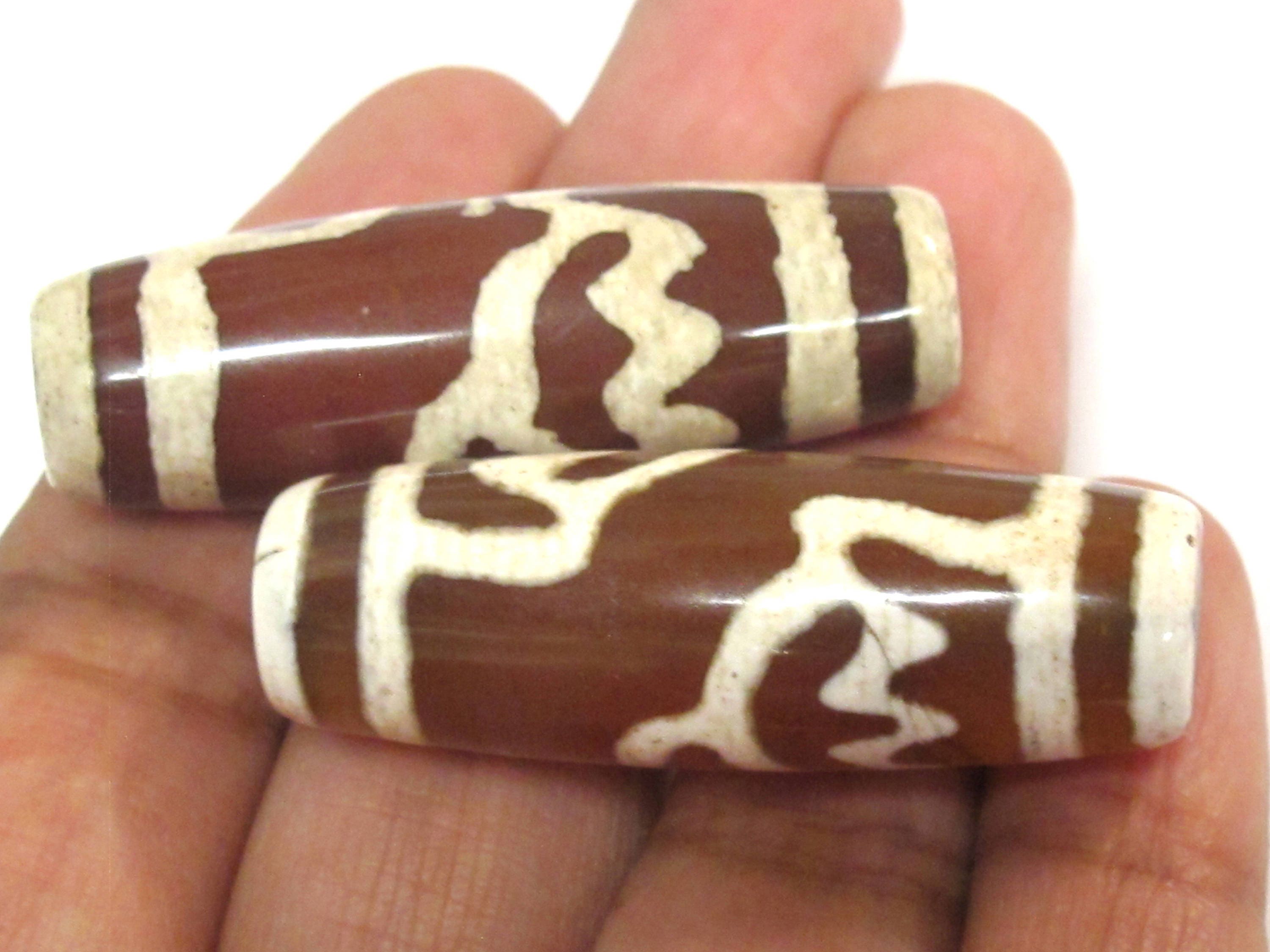 1 Bead - Large Long Tibetan Lotus flower etched agate dzi bead - GM432B