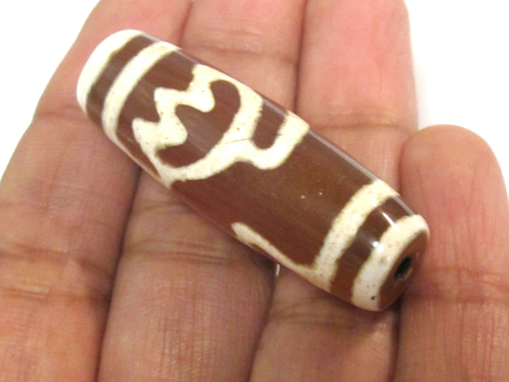 1 Bead - Large Long Tibetan Lotus flower etched agate dzi bead - GM432B