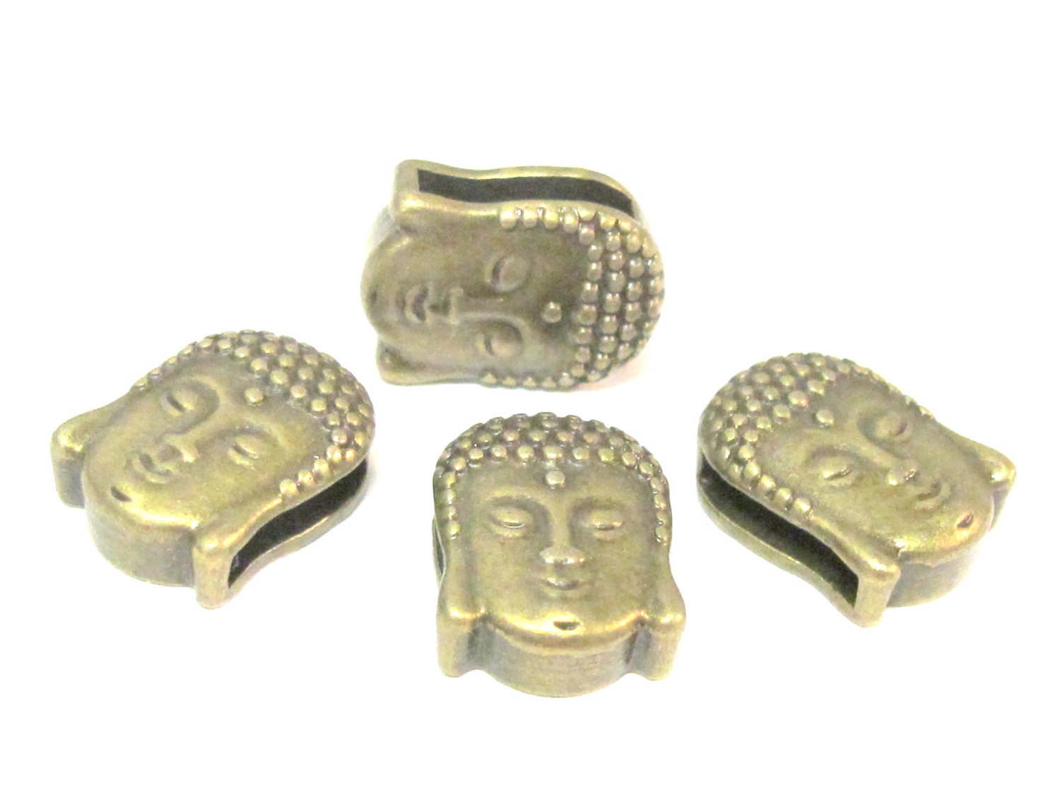 2 Beads- Antiqued brass tone large hole slider Tibetan Buddha bead - BD111A