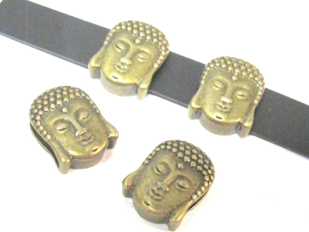 2 Beads- Antiqued brass tone large hole slider Tibetan Buddha bead - BD111A