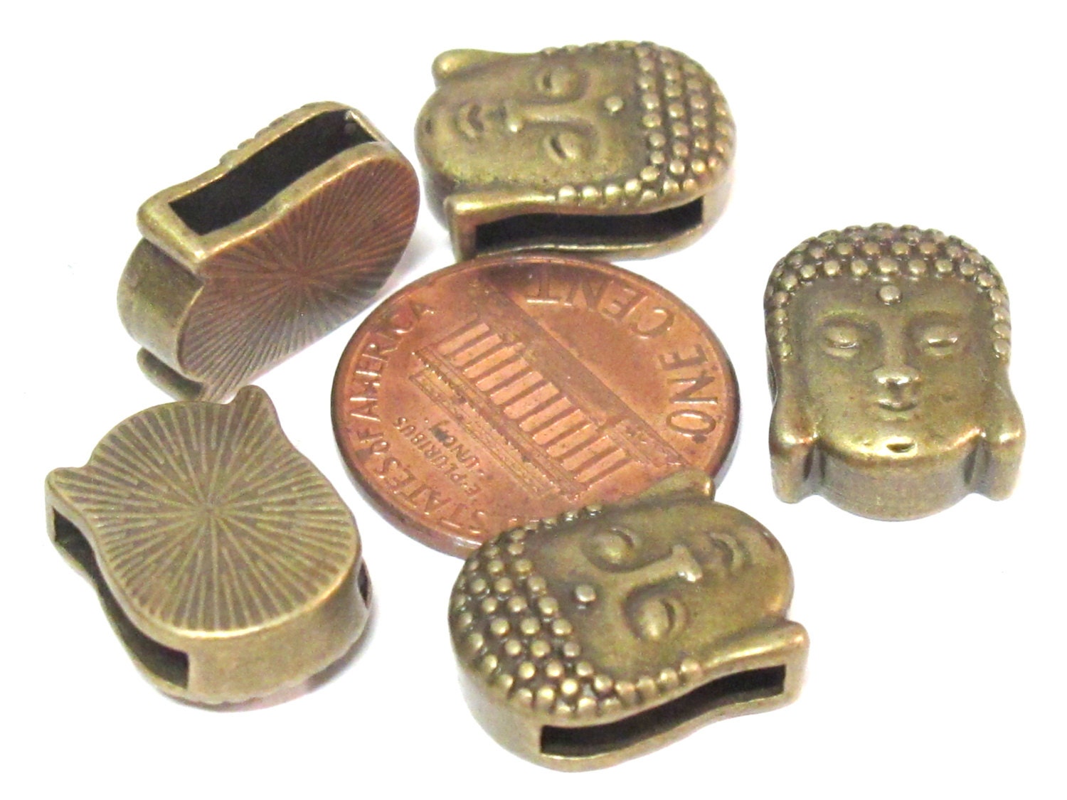 2 Beads- Antiqued brass tone large hole slider Tibetan Buddha bead - BD111A