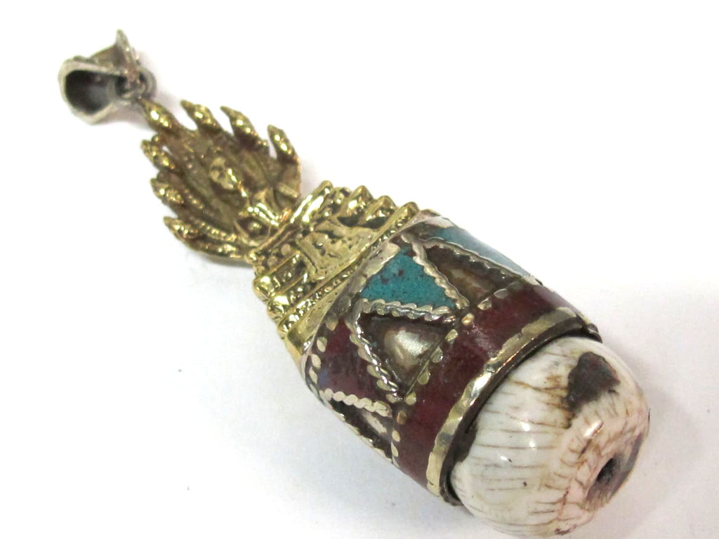 Tibetan Buddha Naga Conch shell pendant with turquoise coral and lapis inlay - Seated meditation buddha pendant - PM267M