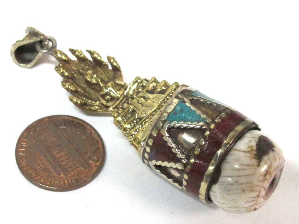 Tibetan Buddha Naga Conch shell pendant with turquoise coral and lapis inlay - Seated meditation buddha pendant - PM267M