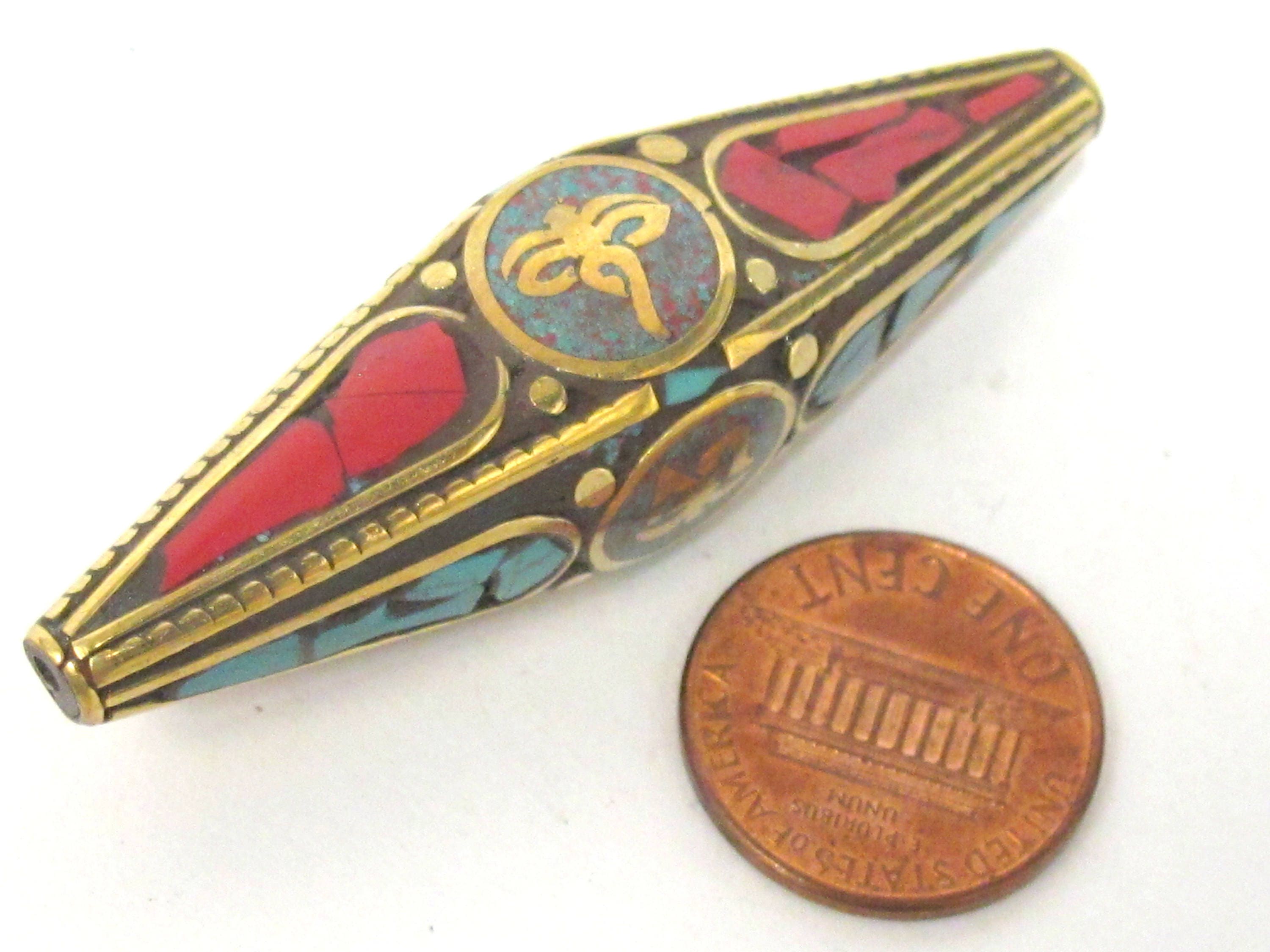 1 Bead - Long Large bicone shape Tibetan buddha eye symbol and Om mantra brass bead with turquoise inlay - BD959