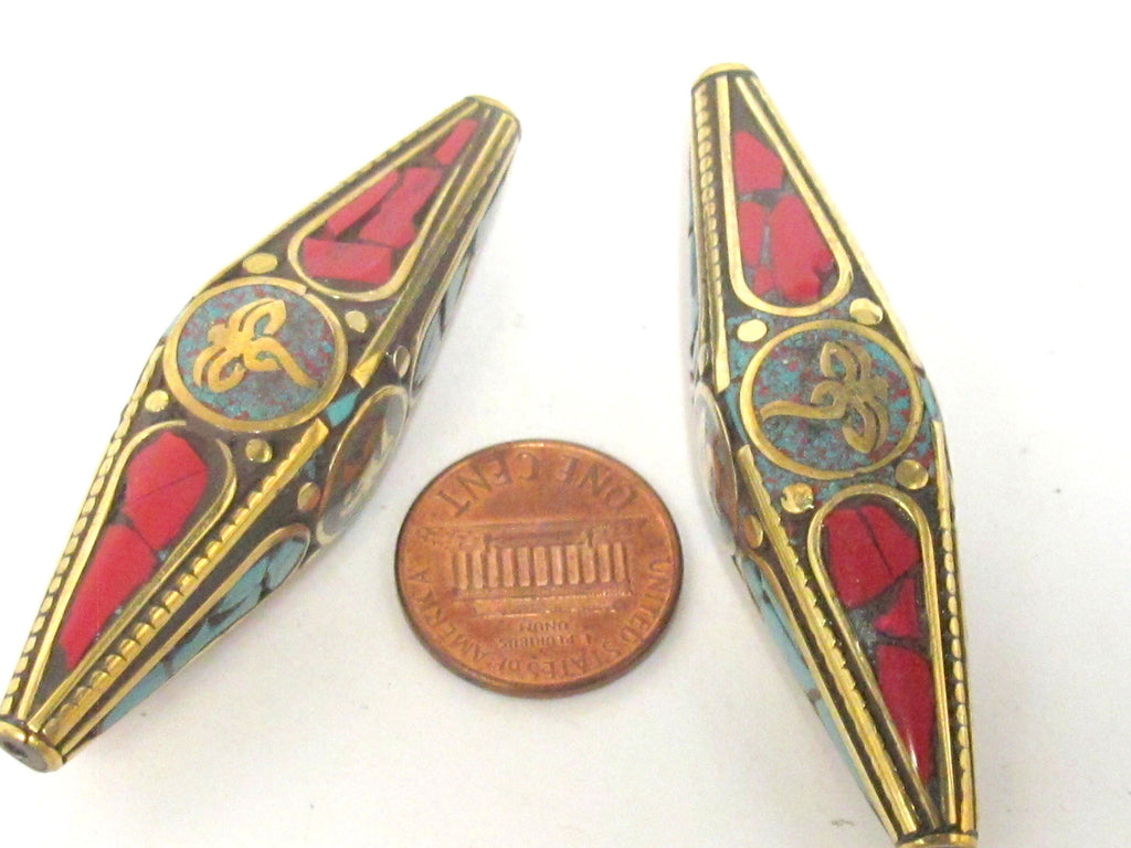 1 Bead - Long Large bicone shape Tibetan buddha eye symbol and Om mantra brass bead with turquoise inlay - BD959