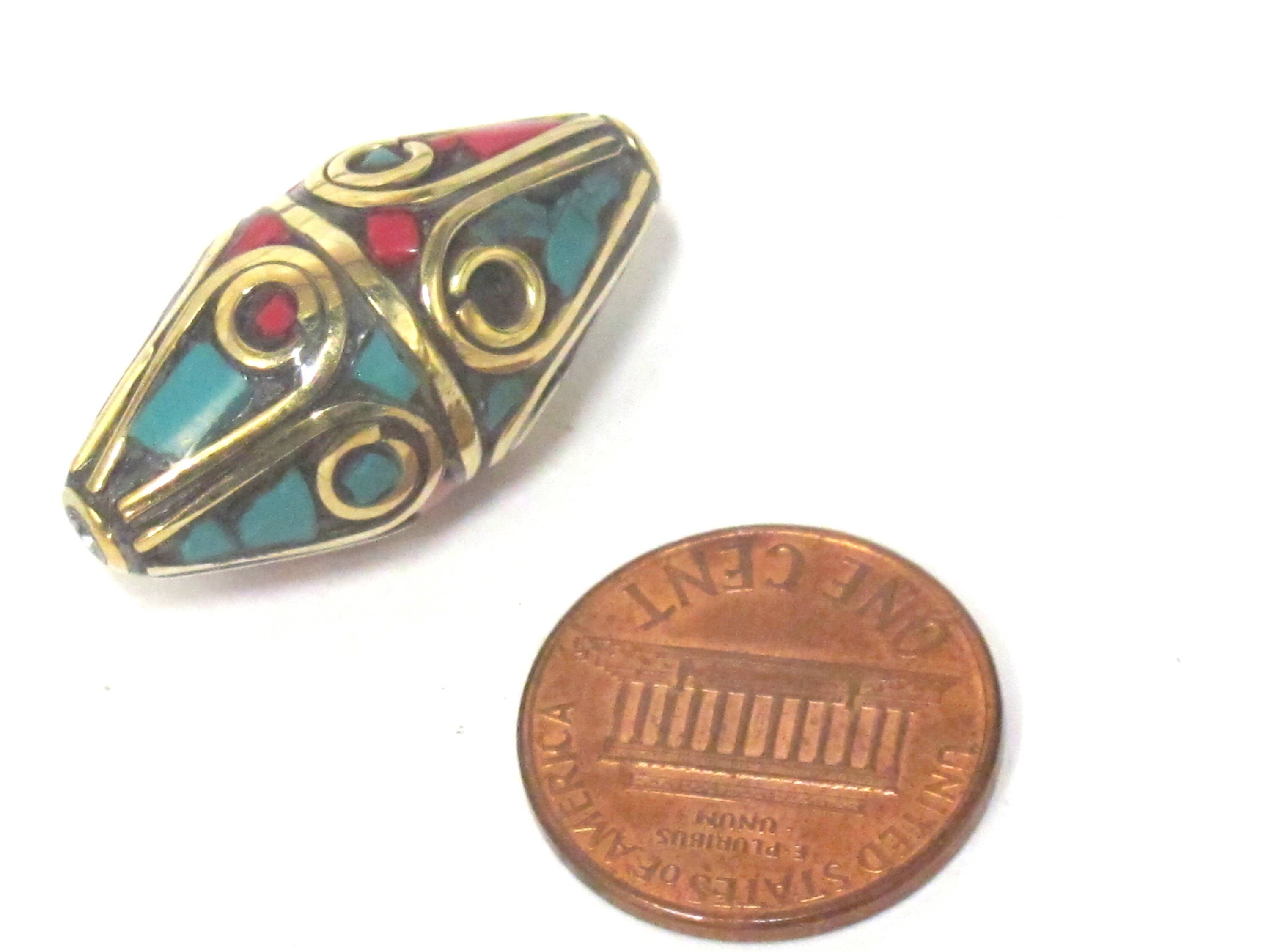 1 Bead - Large Bicone shape nepalese brass bead with turquoise inlay - BD960