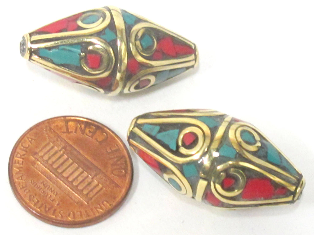 1 Bead - Large Bicone shape nepalese brass bead with turquoise inlay - BD960