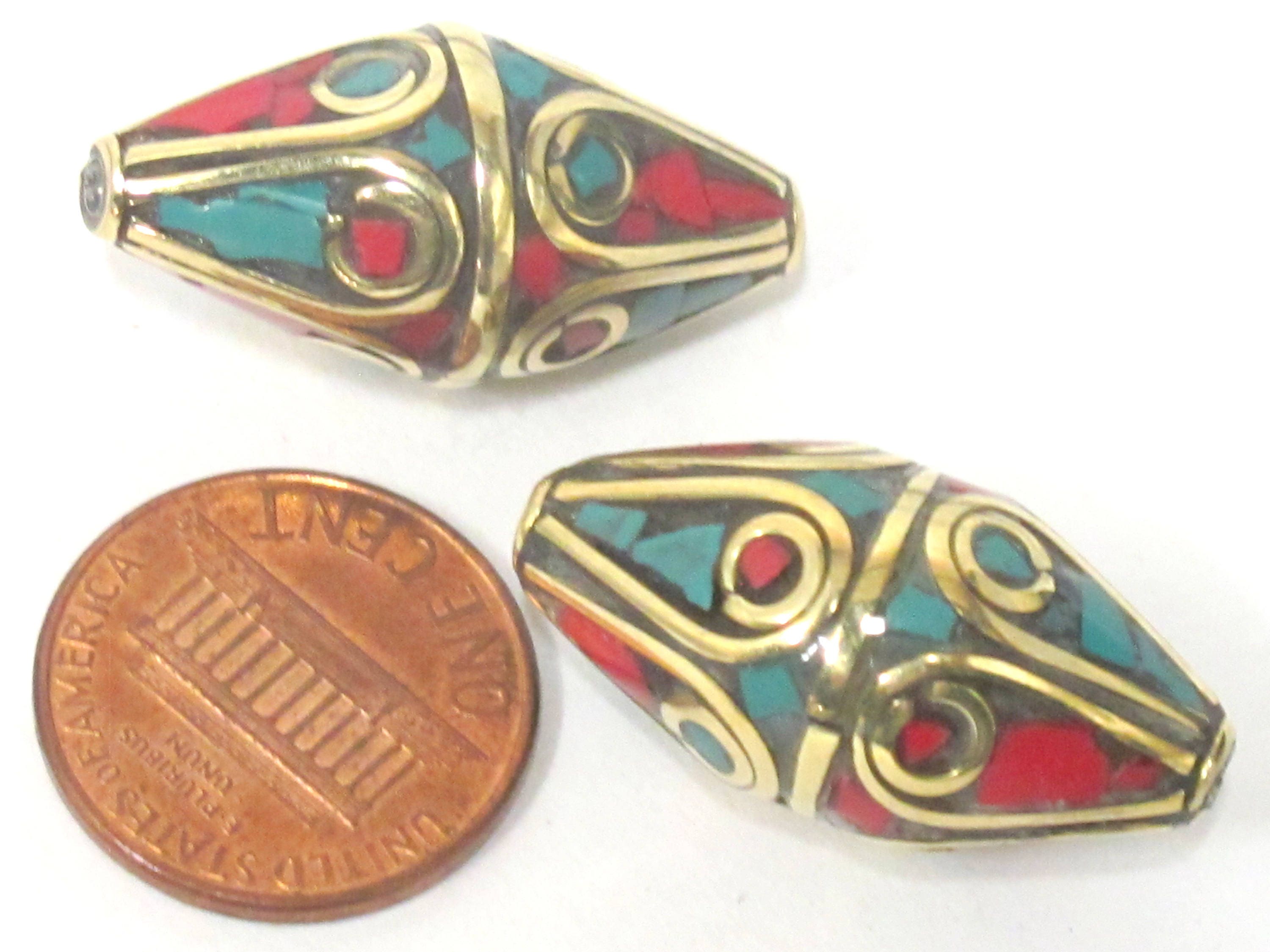 1 Bead - Large Bicone shape nepalese brass bead with turquoise inlay - BD960