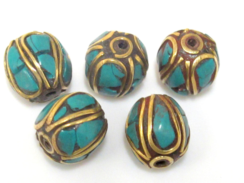 2 beads - Ethnic Nepal Tibetan brass bead with turquoise inlay - BD961