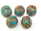 2 beads - Ethnic Nepal Tibetan brass bead with turquoise inlay - BD961