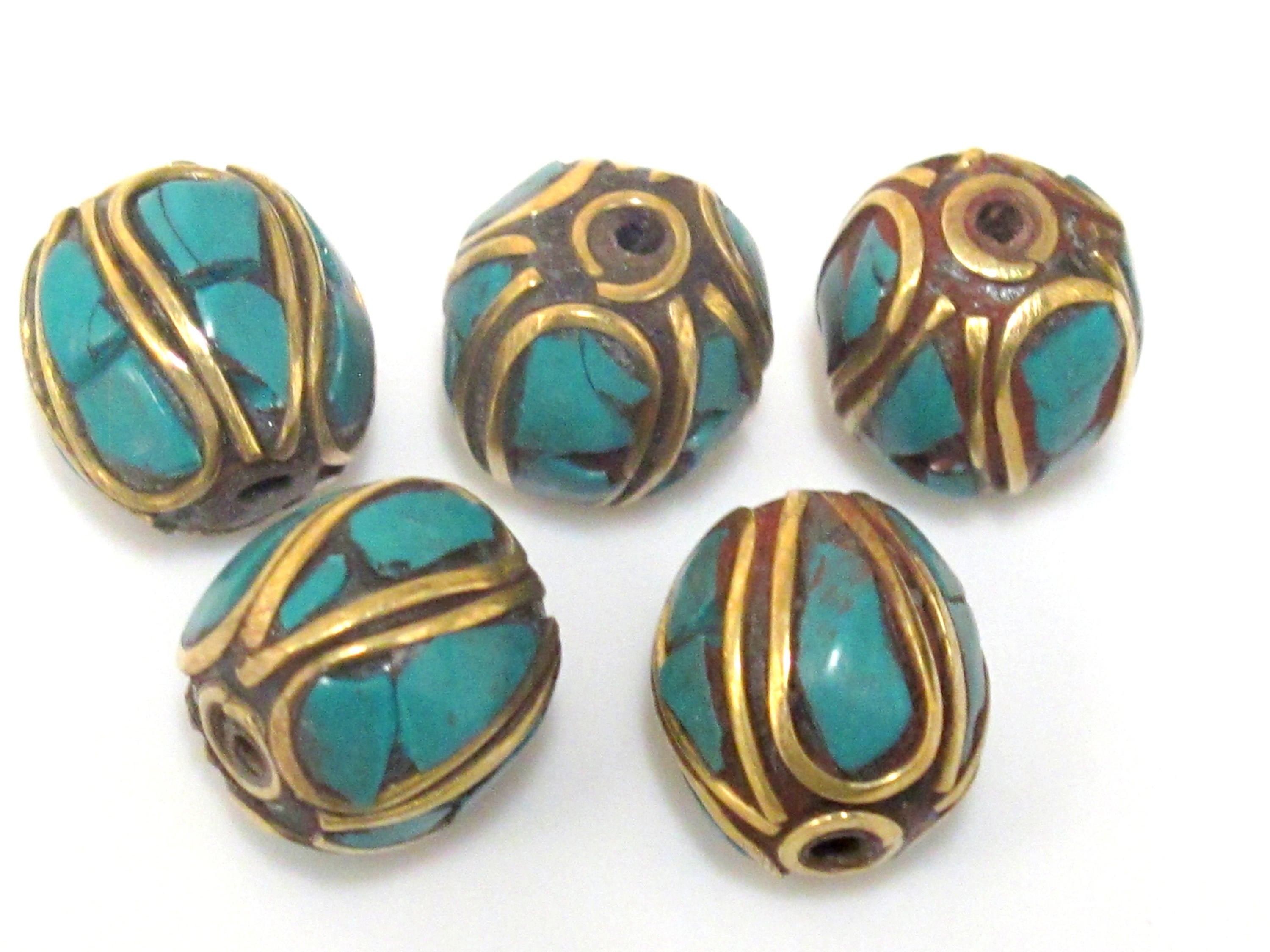 2 beads - Ethnic Nepal Tibetan brass bead with turquoise inlay - BD961