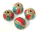 2 beads - Ethnic Nepal Tibetan brass bead with turquoise inlay - BD962