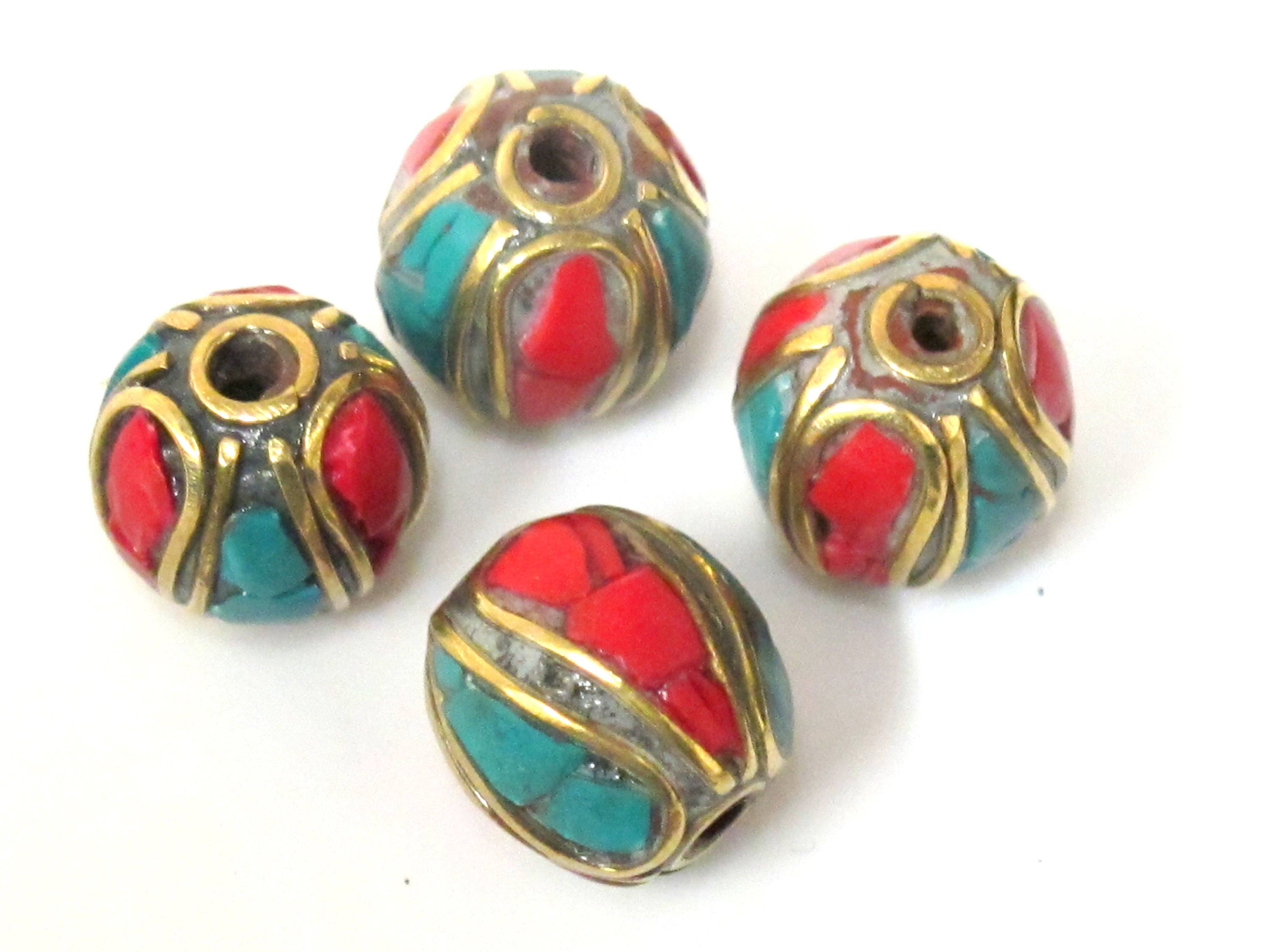 2 beads - Ethnic Nepal Tibetan brass bead with turquoise inlay - BD962
