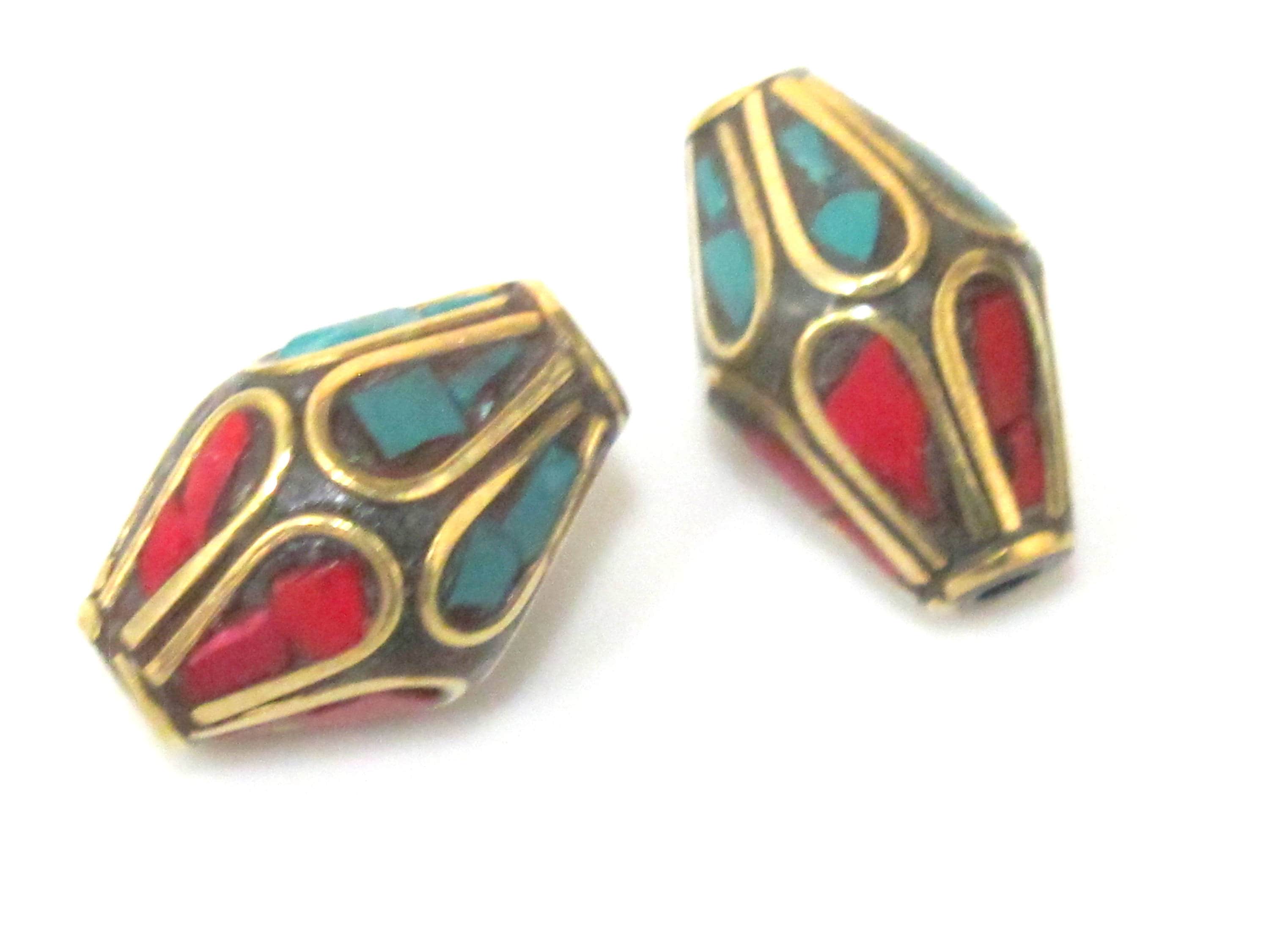 2 beads - Ethnic Nepal Tibetan bicone shape brass bead with turquoise floral whorl design inlay - BD963