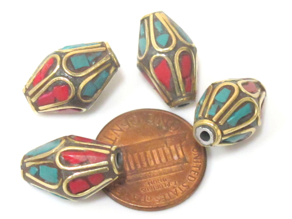 2 beads - Ethnic Nepal Tibetan bicone shape brass bead with turquoise floral whorl design inlay - BD963
