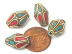 2 beads - Ethnic Nepal Tibetan bicone shape brass bead with turquoise floral whorl design inlay - BD963