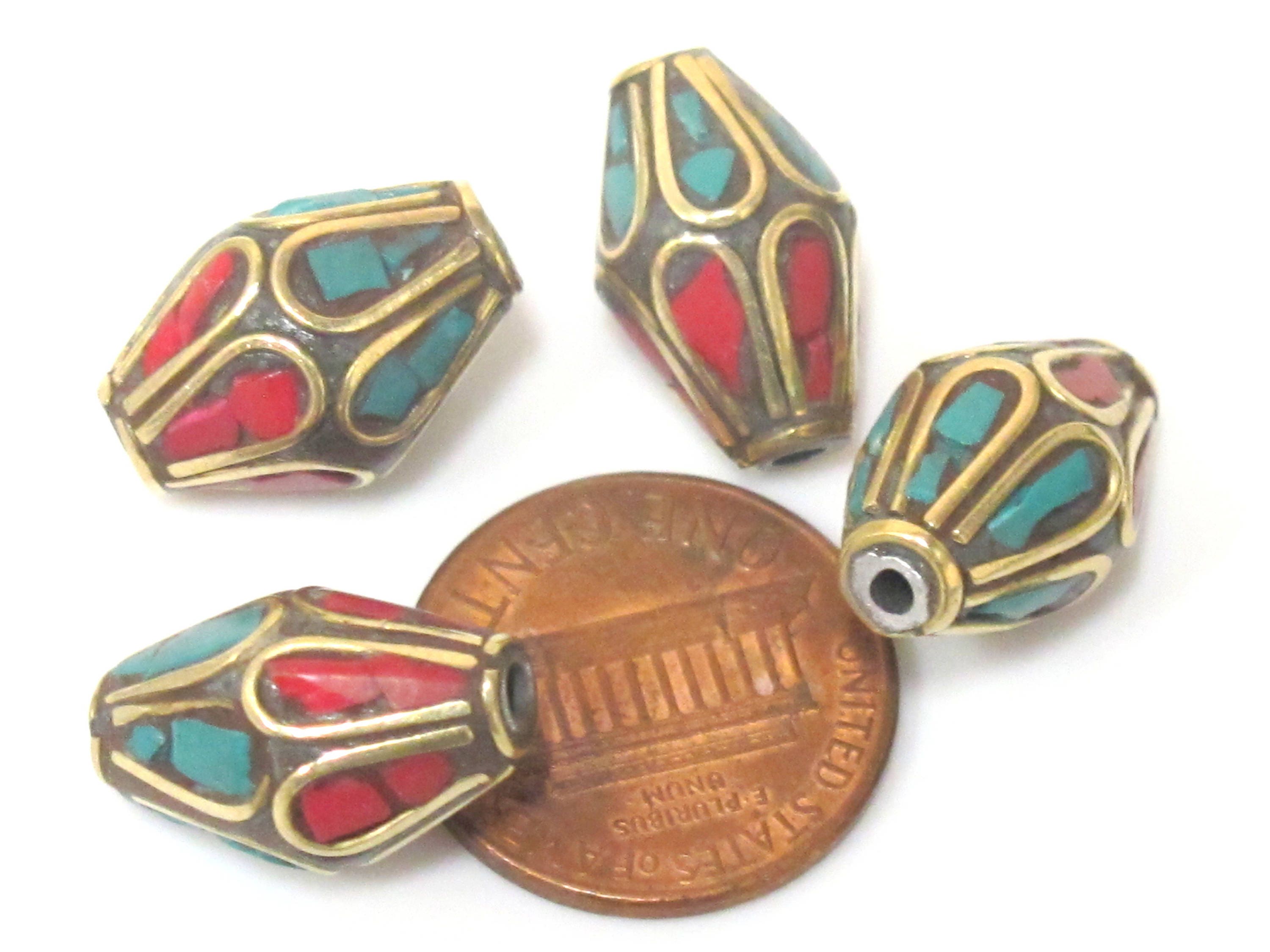 2 beads - Ethnic Nepal Tibetan bicone shape brass bead with turquoise floral whorl design inlay - BD963