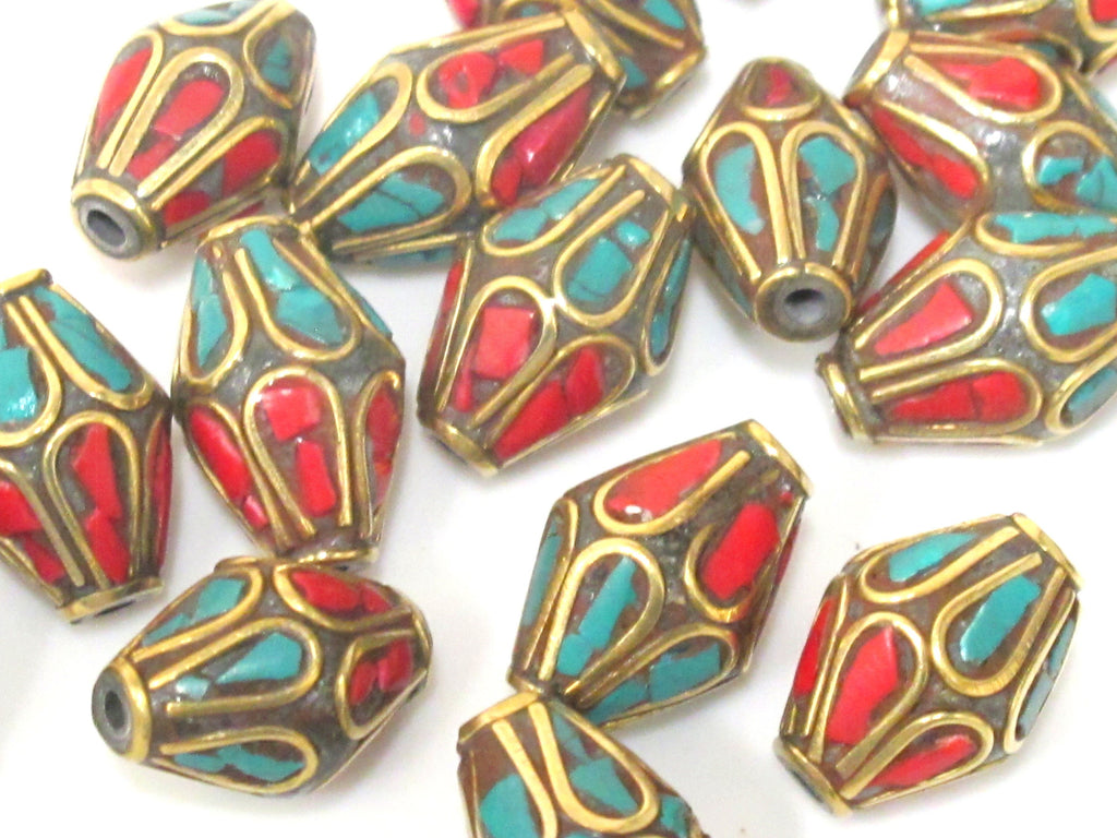 2 beads - Ethnic Nepal Tibetan bicone shape brass bead with turquoise floral whorl design inlay - BD963