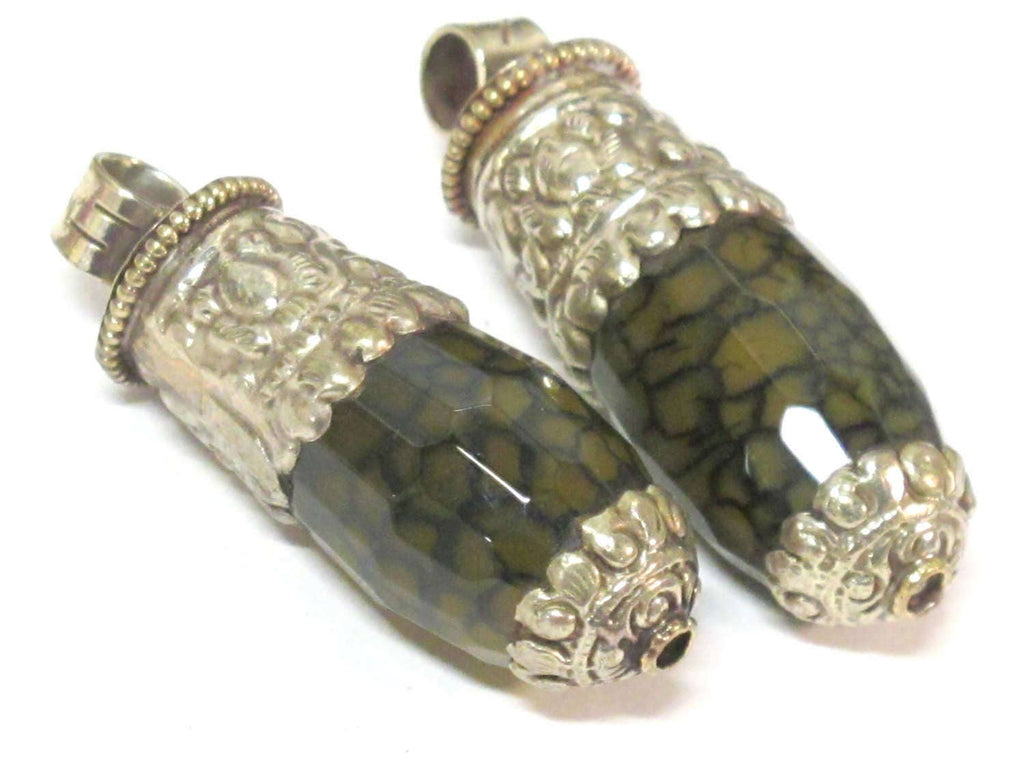 1 Pendant - Tibetan bullet shape honey color dragon veins agate gemstone pendant - Ethnic nepal jewelry making supply - PM551