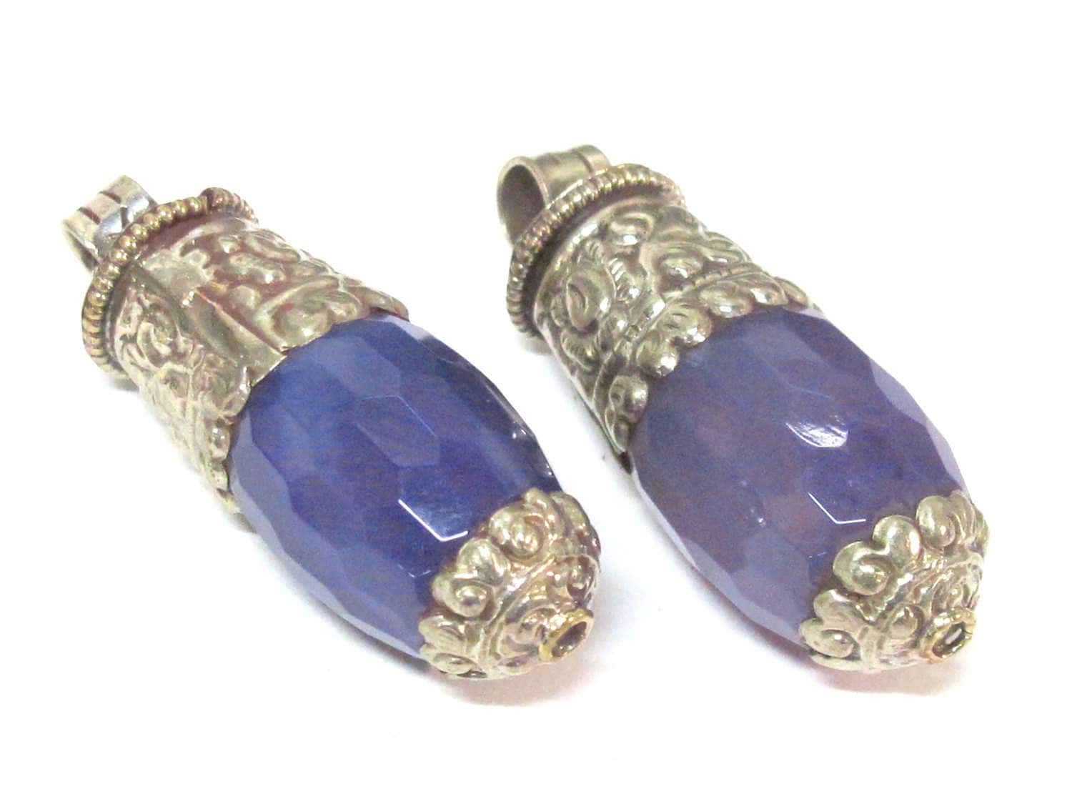1 Pendant - Tibetan bullet shape Purple blue color agate gemstone pendant - Ethnic nepal jewelry making supply -- PM552