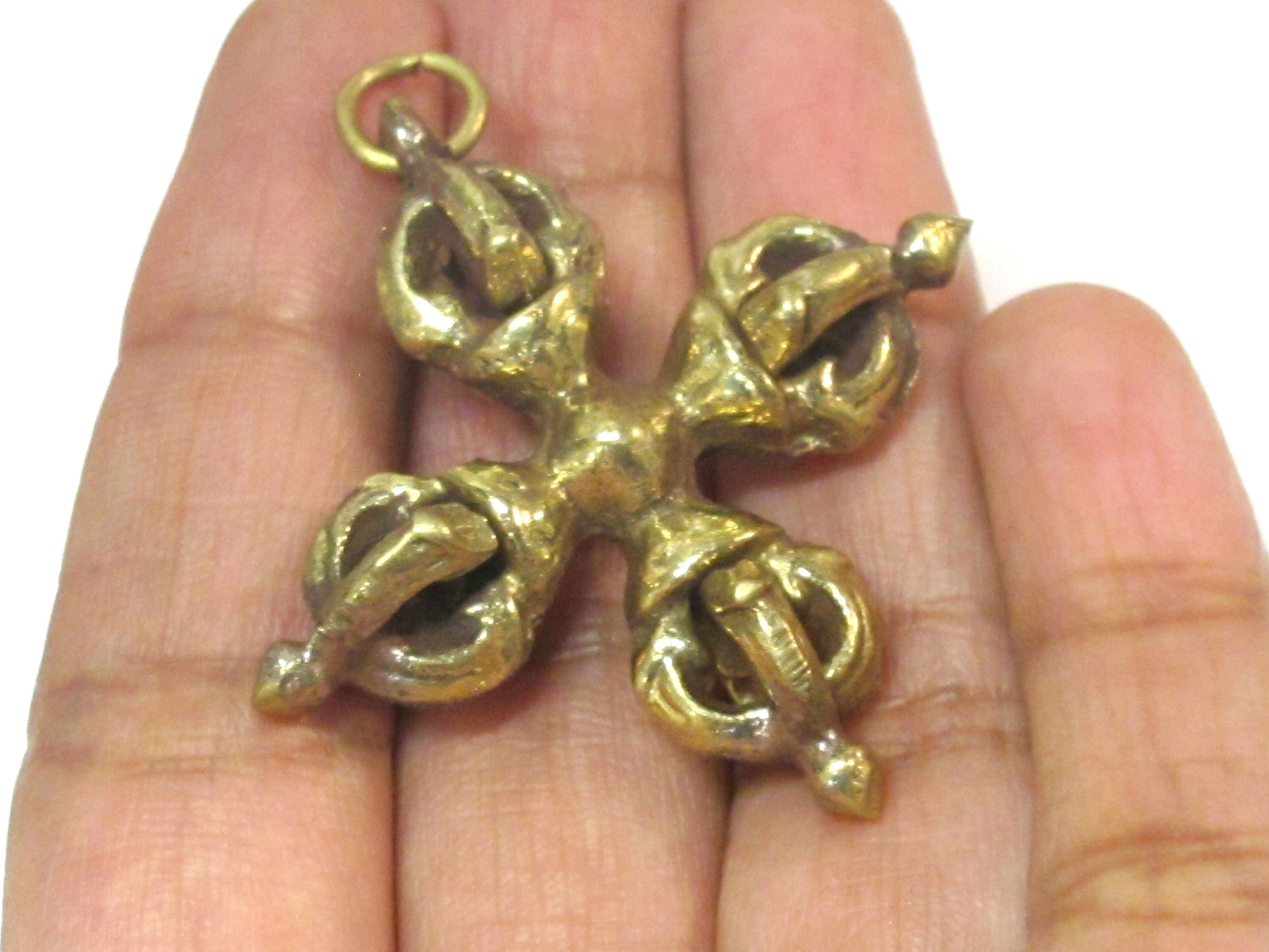1 Pendant - Tibetan double dorje vajra solid Brass pendant - Nepal Tibetan mala making jewelry supplies -- CP122