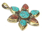 1 Pendant - Ethnic Tibetan brass flower shape turquoise coral mosaic inlay pendant from Nepal - PM561