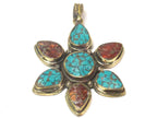 1 Pendant - Ethnic Tibetan brass flower shape turquoise coral mosaic inlay pendant from Nepal - PM561