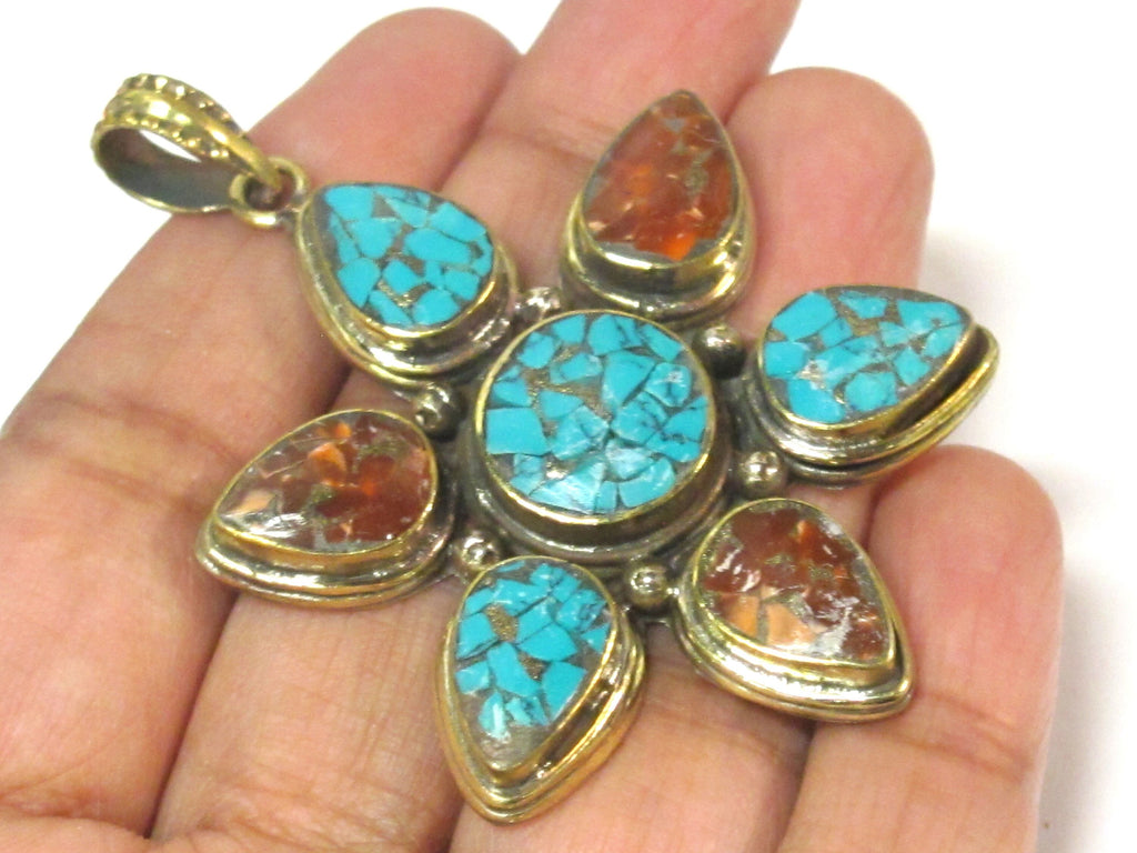 1 Pendant - Ethnic Tibetan brass flower shape turquoise coral mosaic inlay pendant from Nepal - PM561